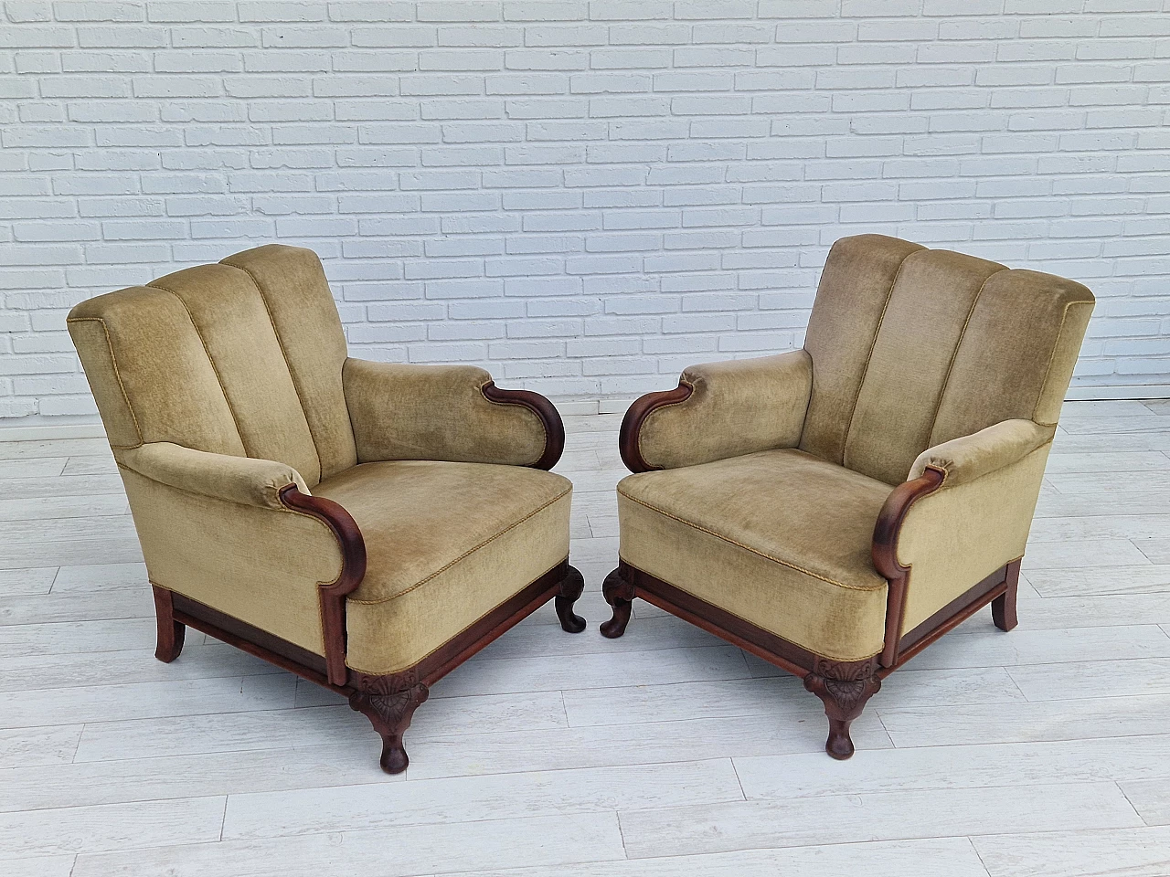Pair of Danish teak armchairs with velvet upholstery, 1950s 7