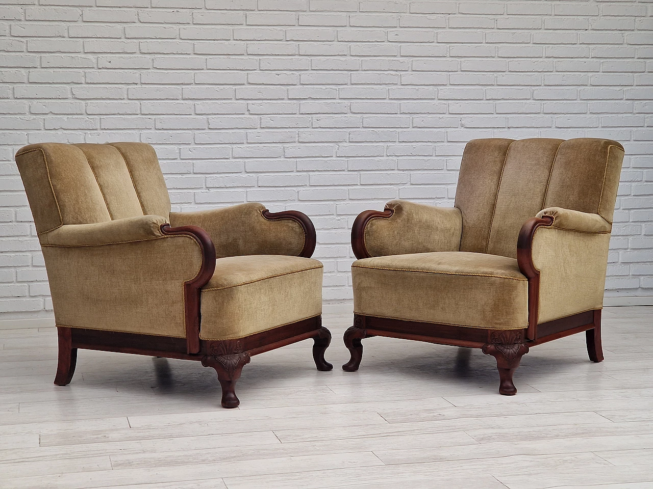 Pair of Danish teak armchairs with velvet upholstery, 1950s 8