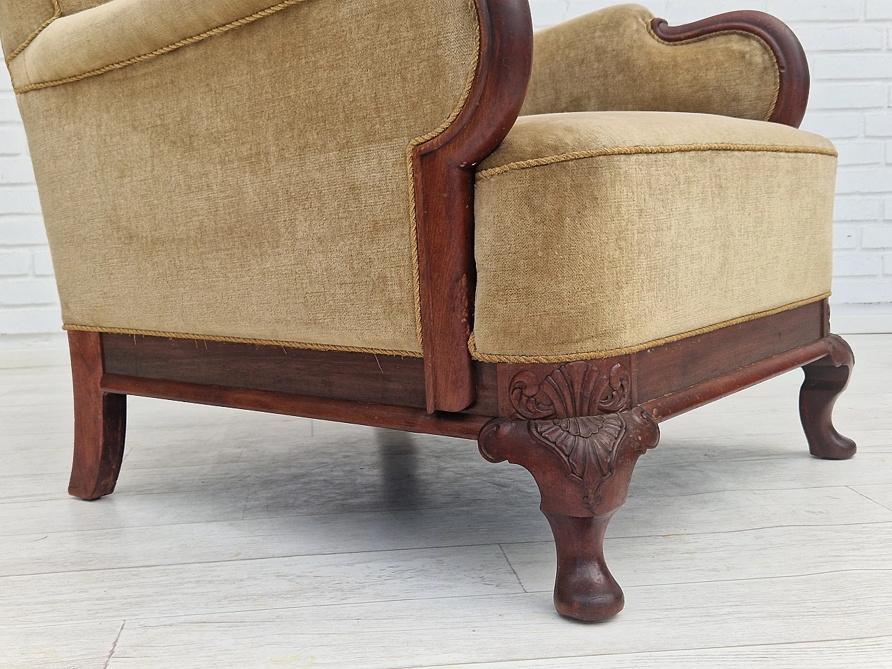 Pair of Danish teak armchairs with velvet upholstery, 1950s 9