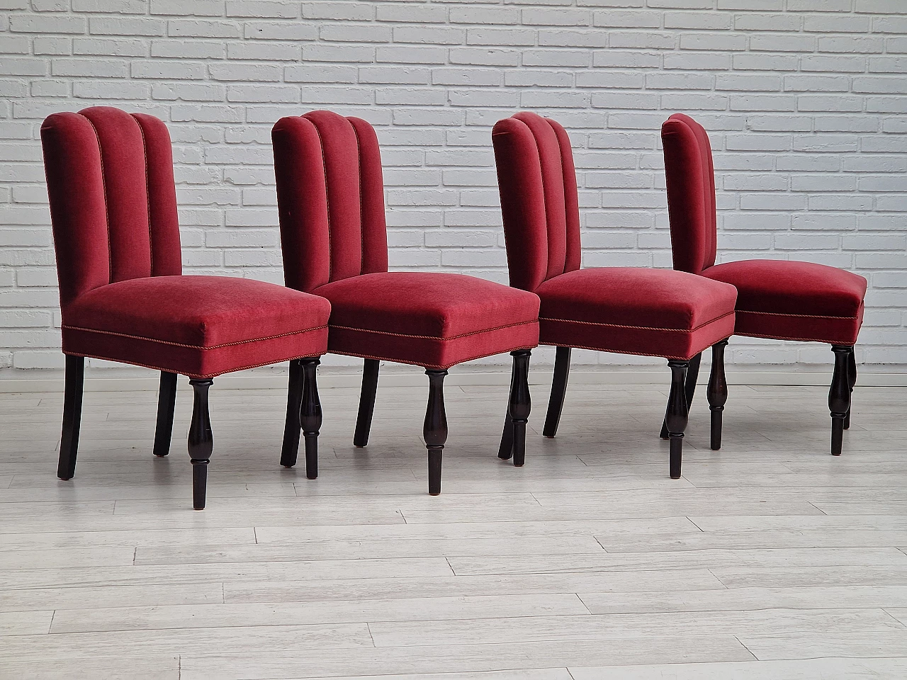 4 Danish oak chairs with cherry red velvet upholstery, 1950s 1