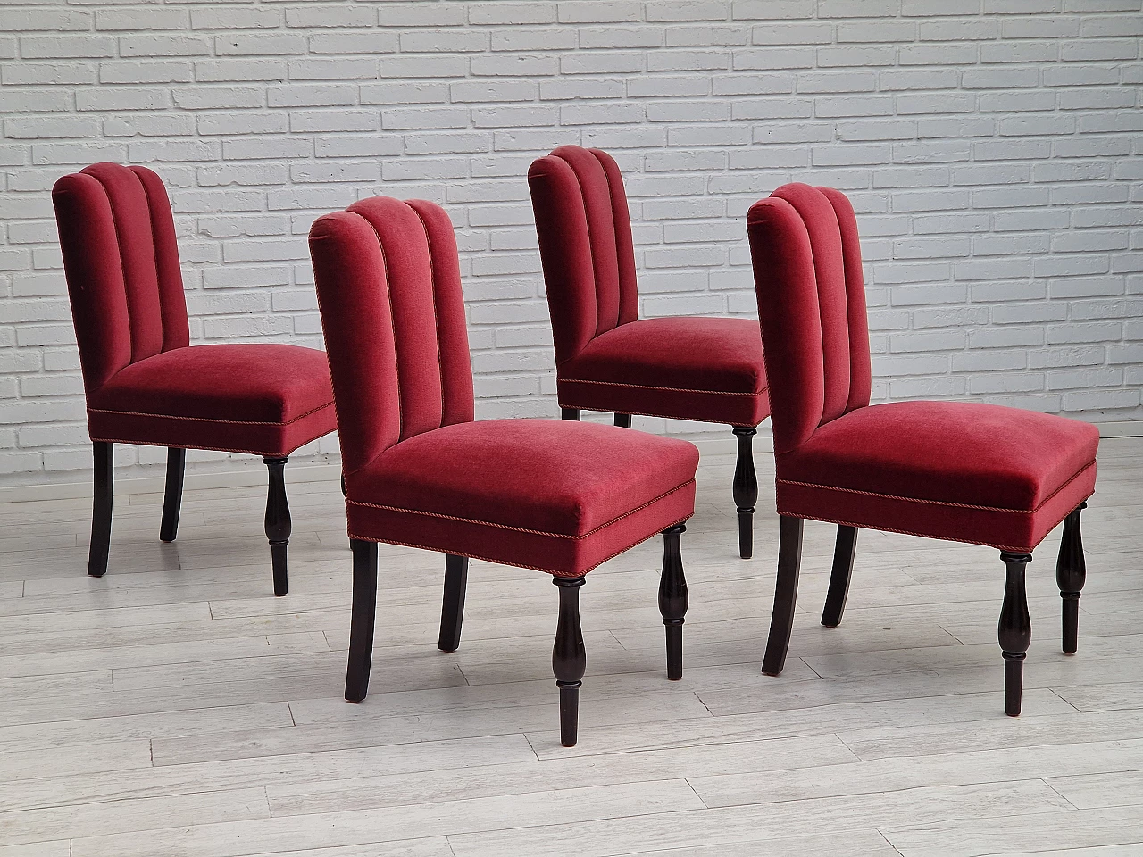 4 Danish oak chairs with cherry red velvet upholstery, 1950s 2