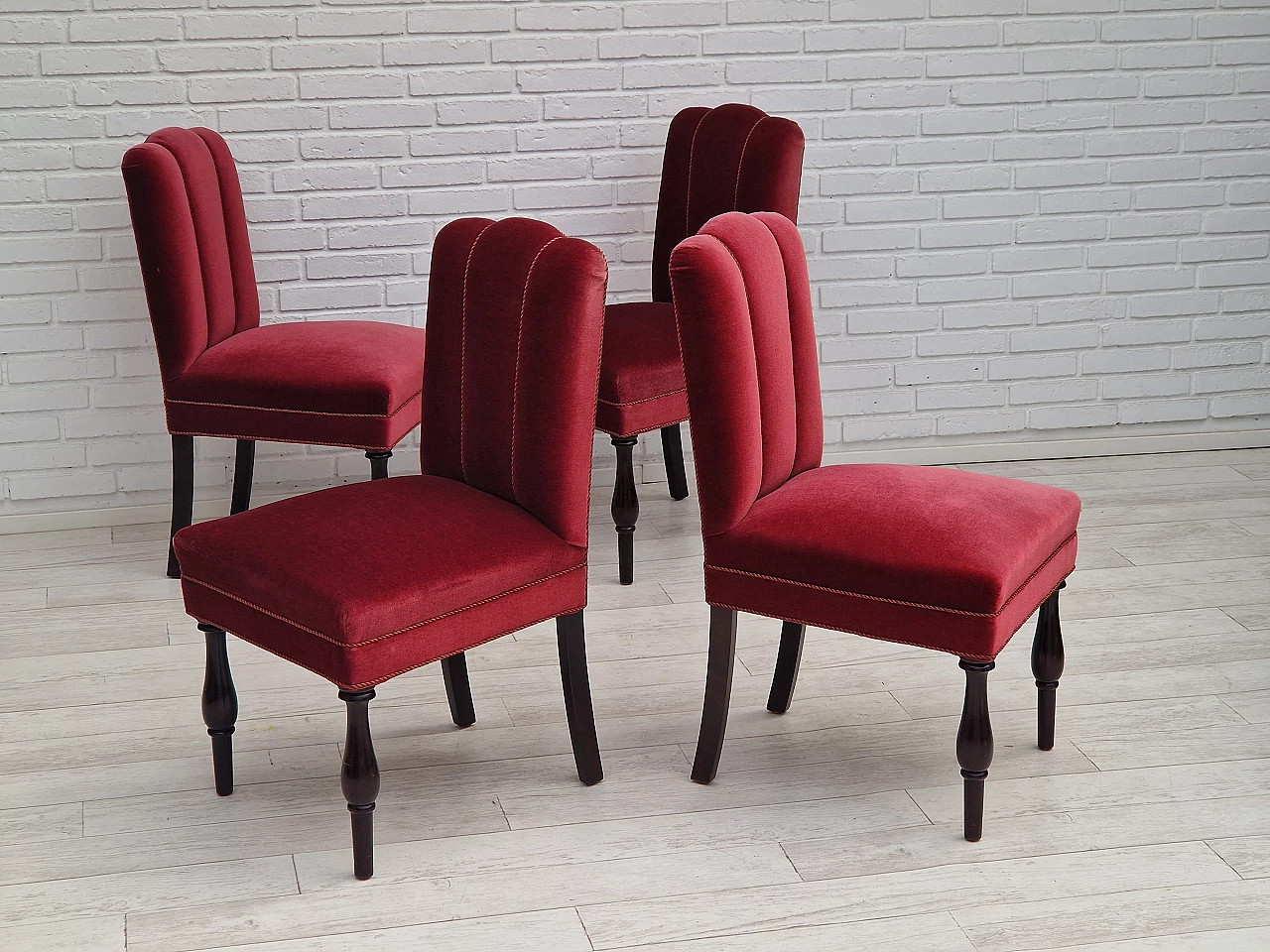 4 Danish oak chairs with cherry red velvet upholstery, 1950s 8