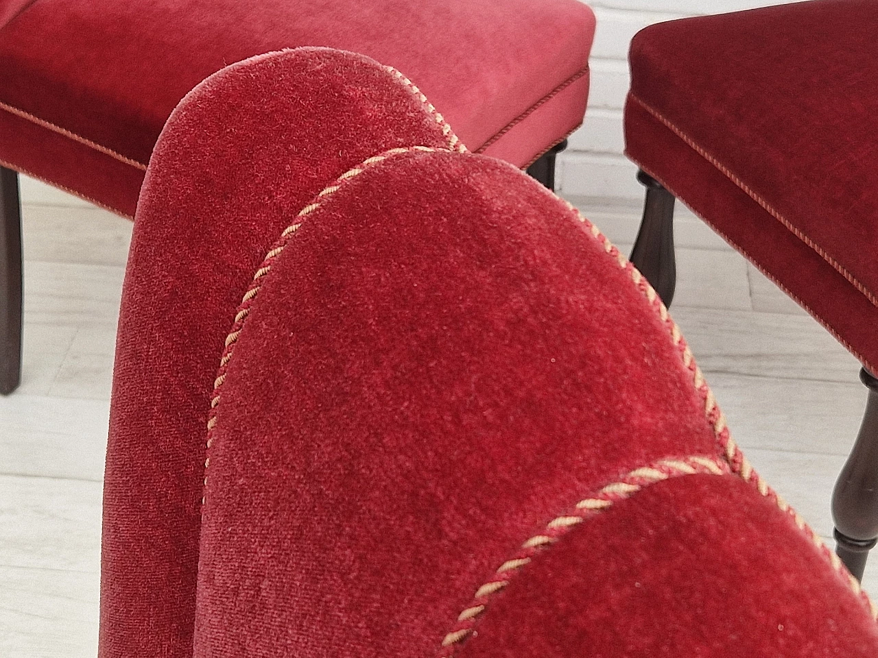 4 Danish oak chairs with cherry red velvet upholstery, 1950s 9