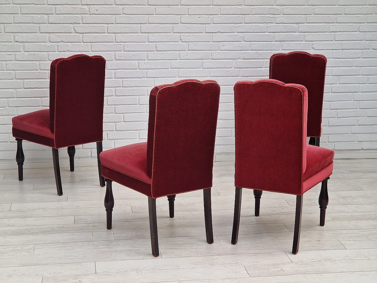 4 Danish oak chairs with cherry red velvet upholstery, 1950s 11