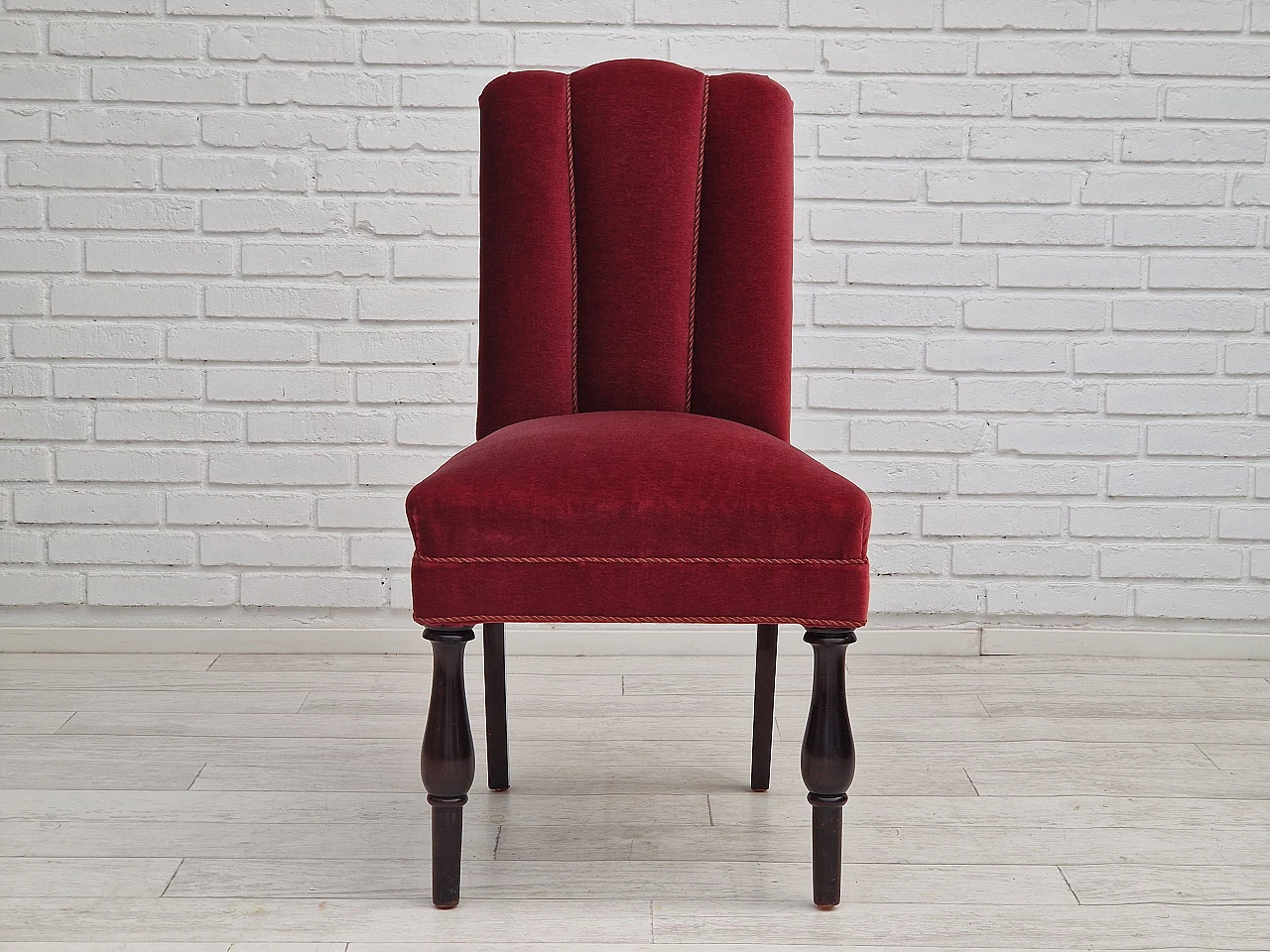 4 Danish oak chairs with cherry red velvet upholstery, 1950s 12
