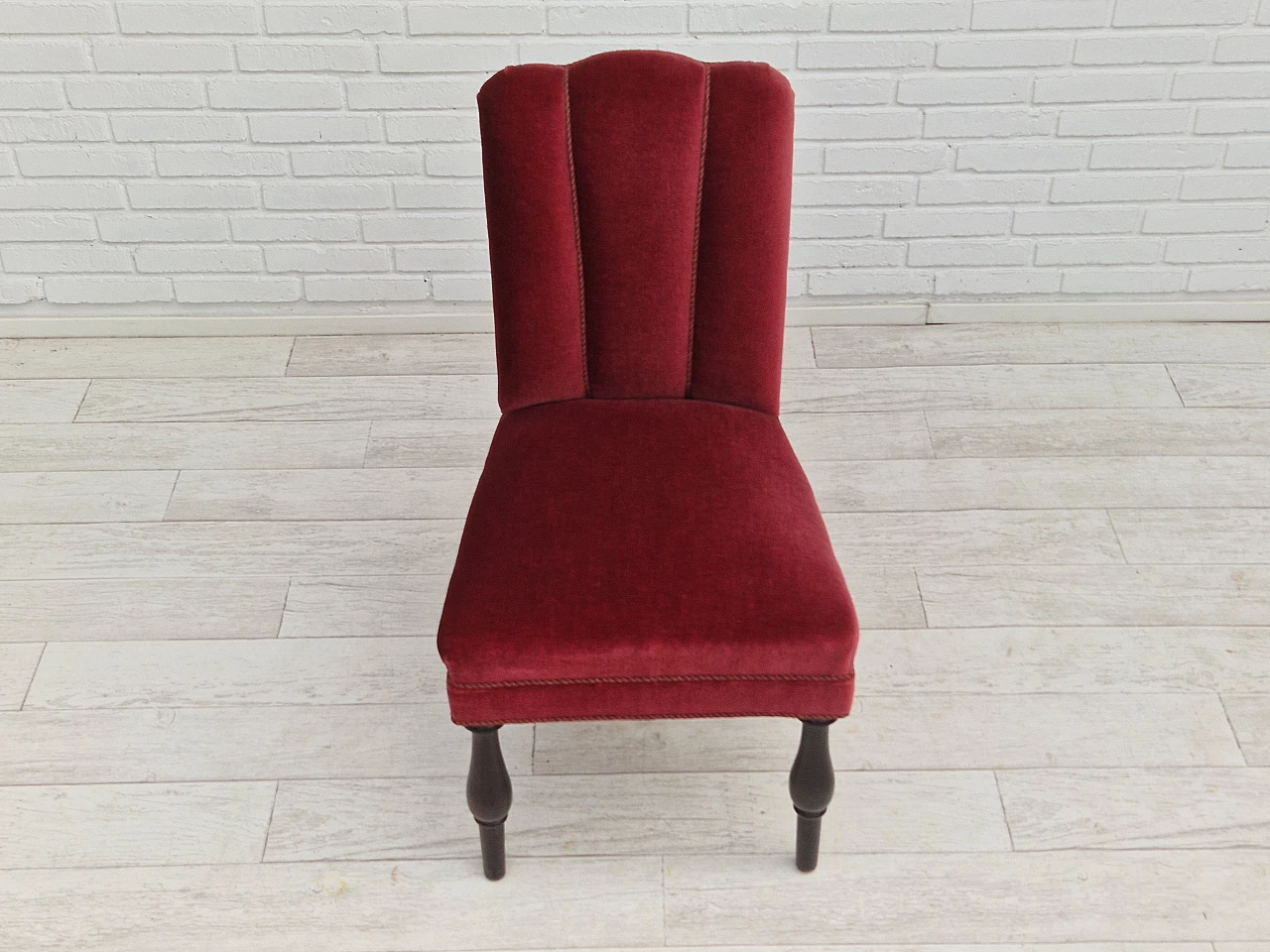 4 Danish oak chairs with cherry red velvet upholstery, 1950s 13
