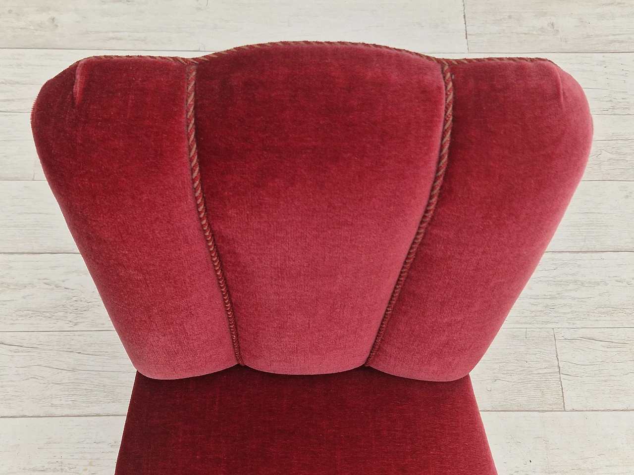 4 Danish oak chairs with cherry red velvet upholstery, 1950s 14