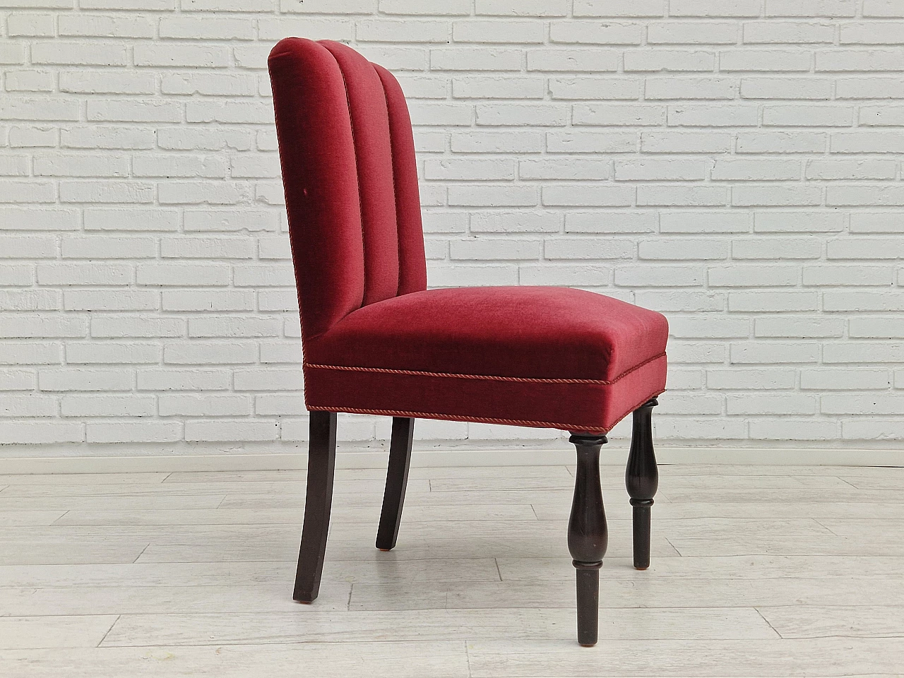 4 Danish oak chairs with cherry red velvet upholstery, 1950s 15