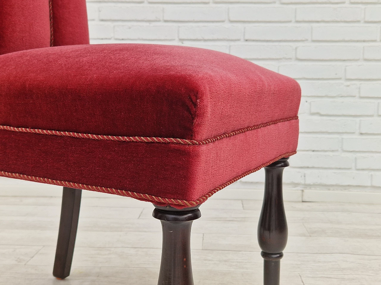 4 Danish oak chairs with cherry red velvet upholstery, 1950s 16