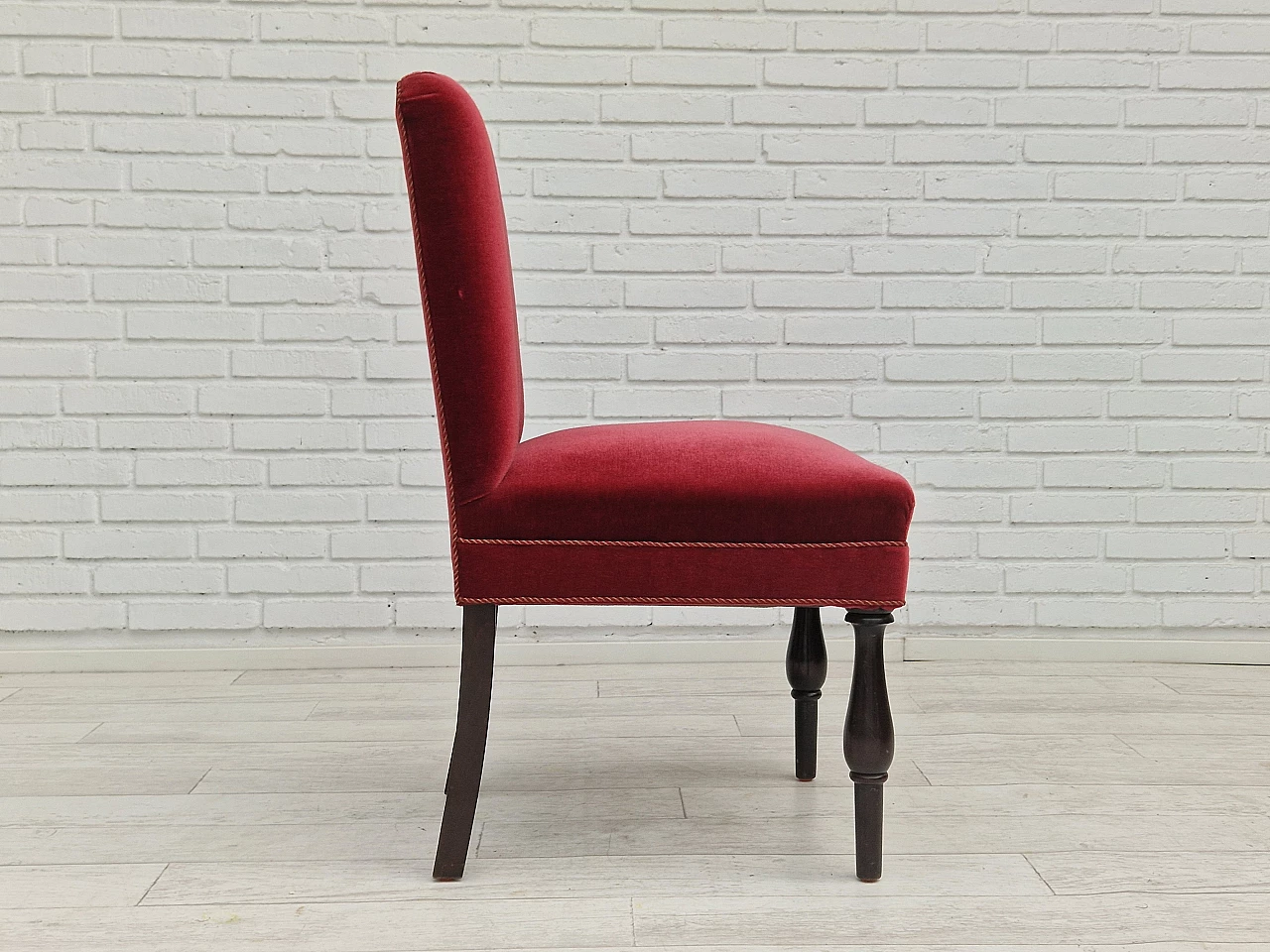 4 Danish oak chairs with cherry red velvet upholstery, 1950s 19