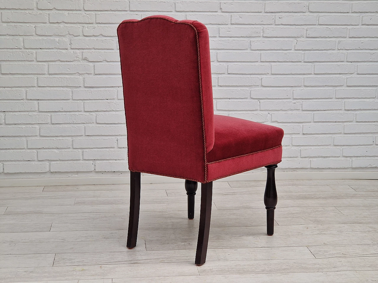 4 Danish oak chairs with cherry red velvet upholstery, 1950s 21