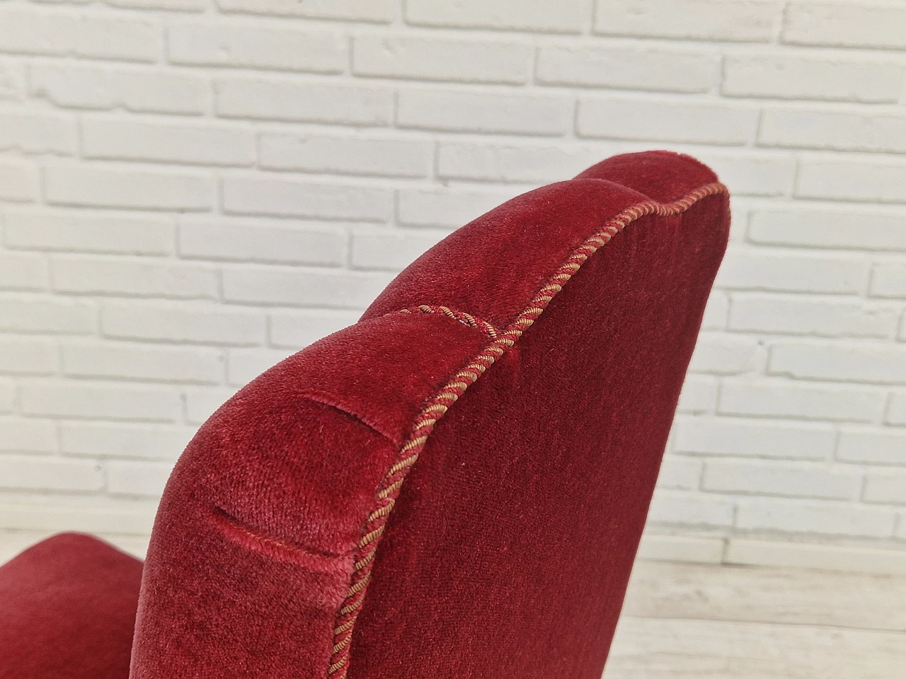 4 Danish oak chairs with cherry red velvet upholstery, 1950s 24