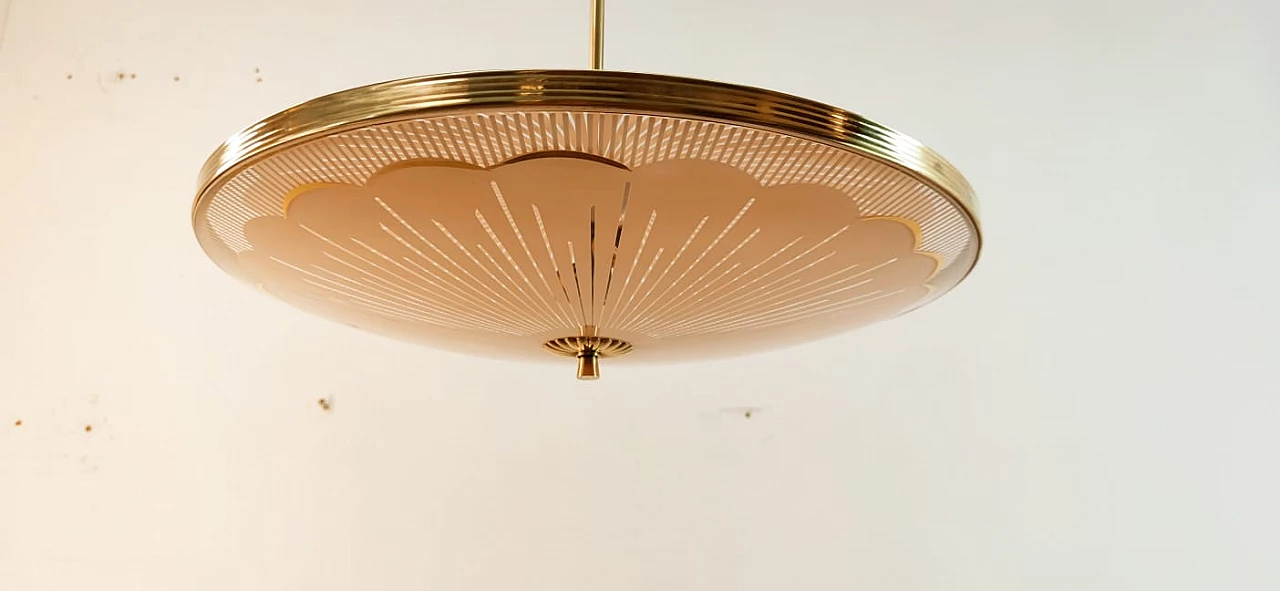 Brass chandelier with salmon-pink double glass, 1940s 1