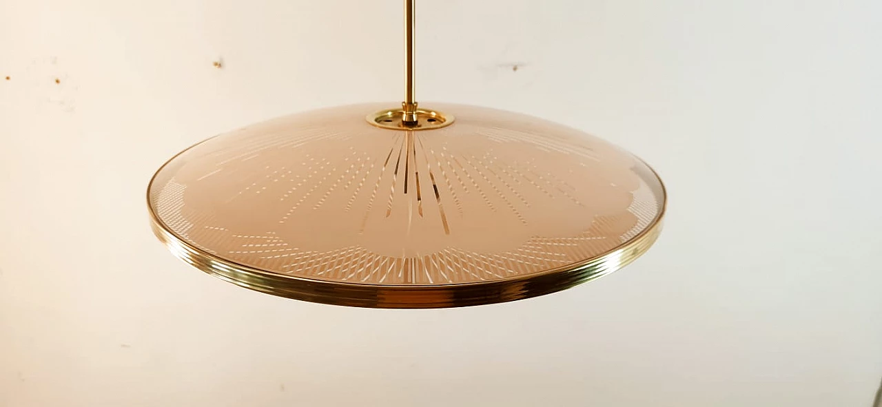 Brass chandelier with salmon-pink double glass, 1940s 2