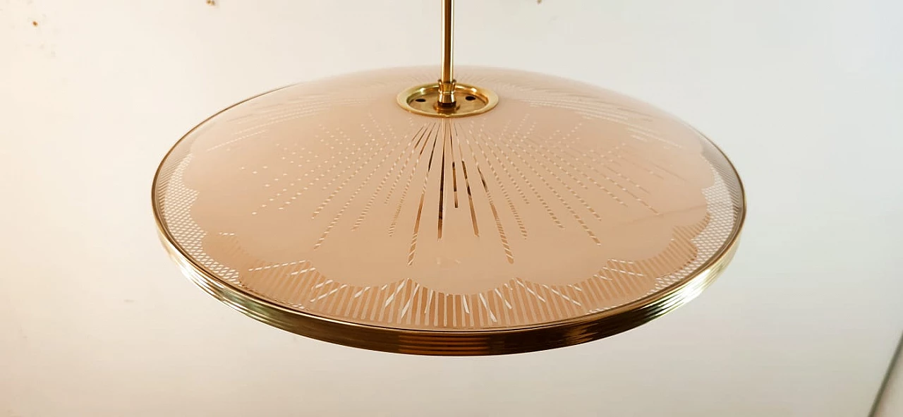 Brass chandelier with salmon-pink double glass, 1940s 3