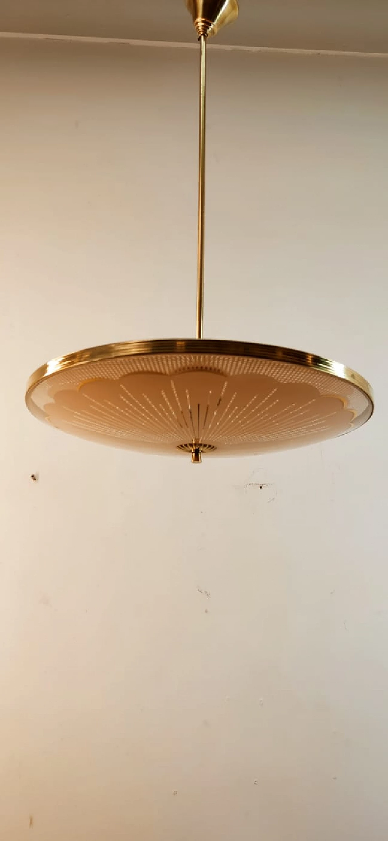 Brass chandelier with salmon-pink double glass, 1940s 5