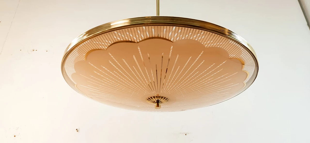 Brass chandelier with salmon-pink double glass, 1940s 6