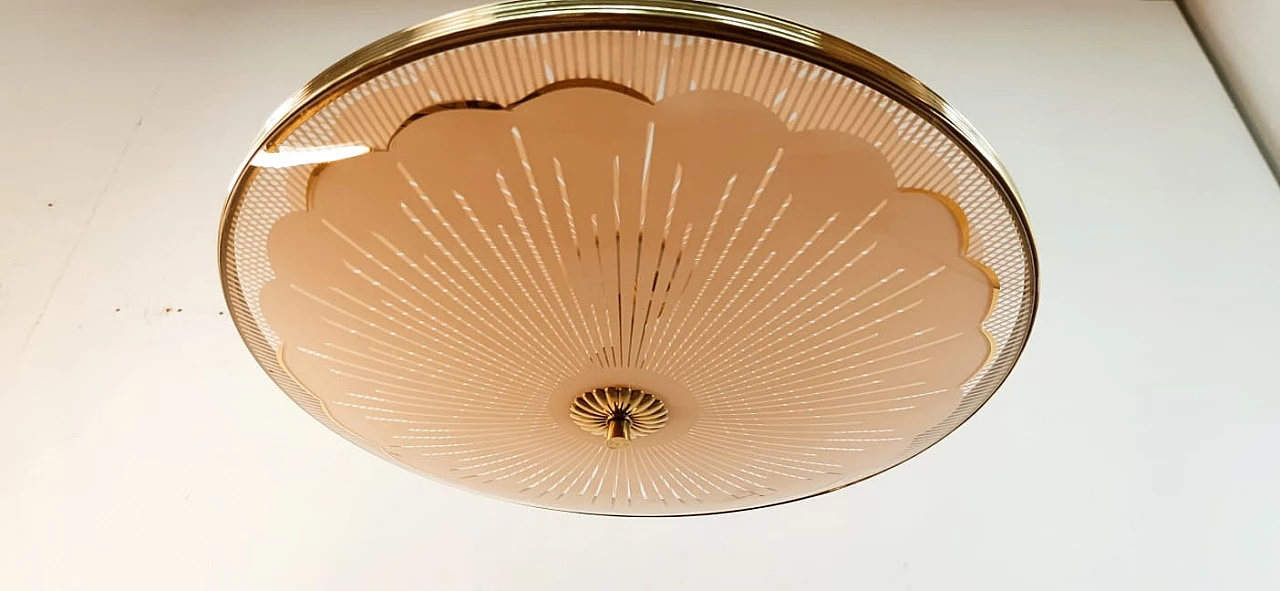 Brass chandelier with salmon-pink double glass, 1940s 8
