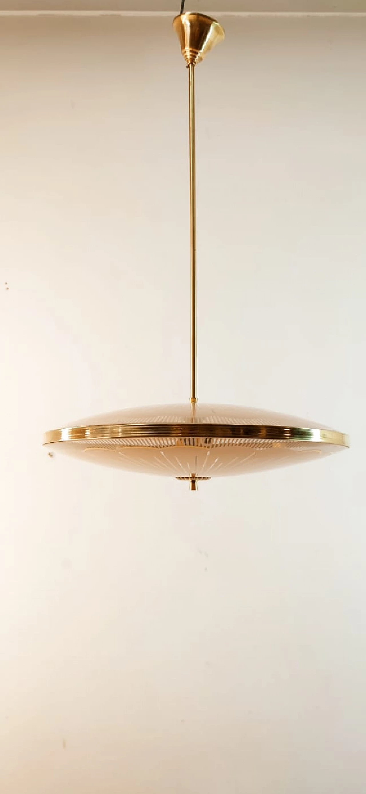 Brass chandelier with salmon-pink double glass, 1940s 9