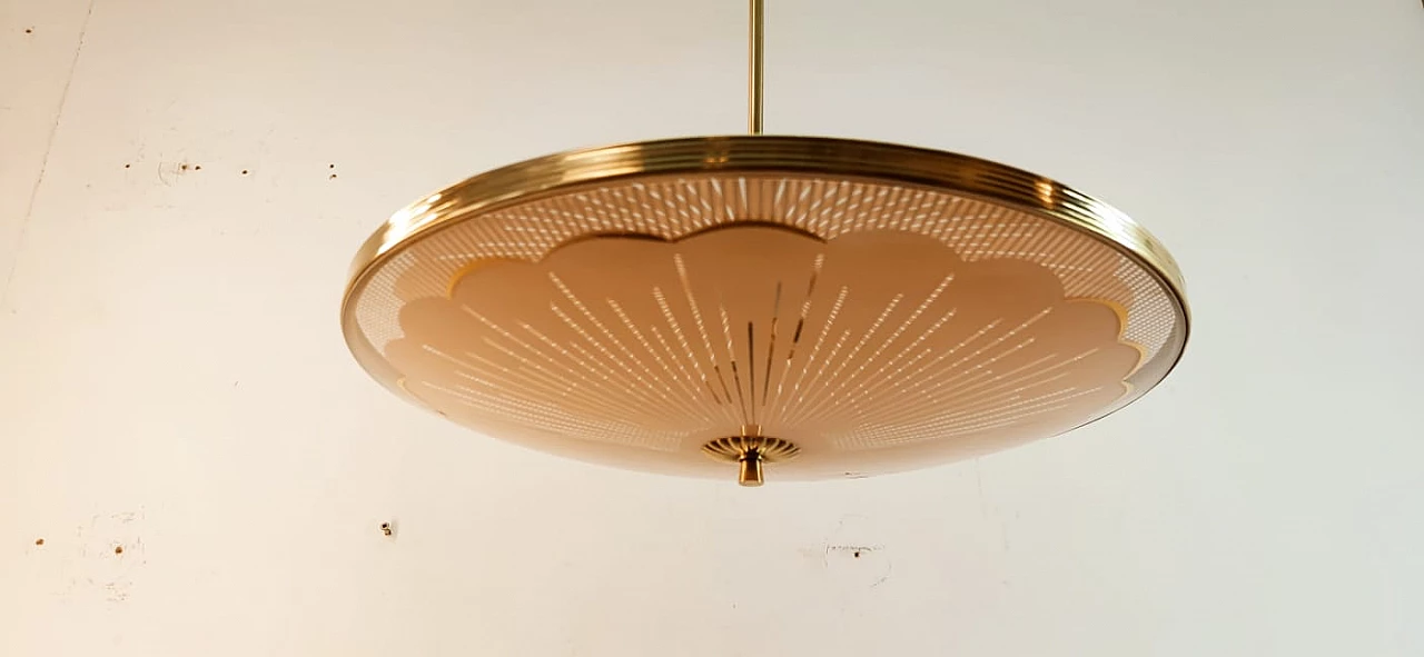 Brass chandelier with salmon-pink double glass, 1940s 10