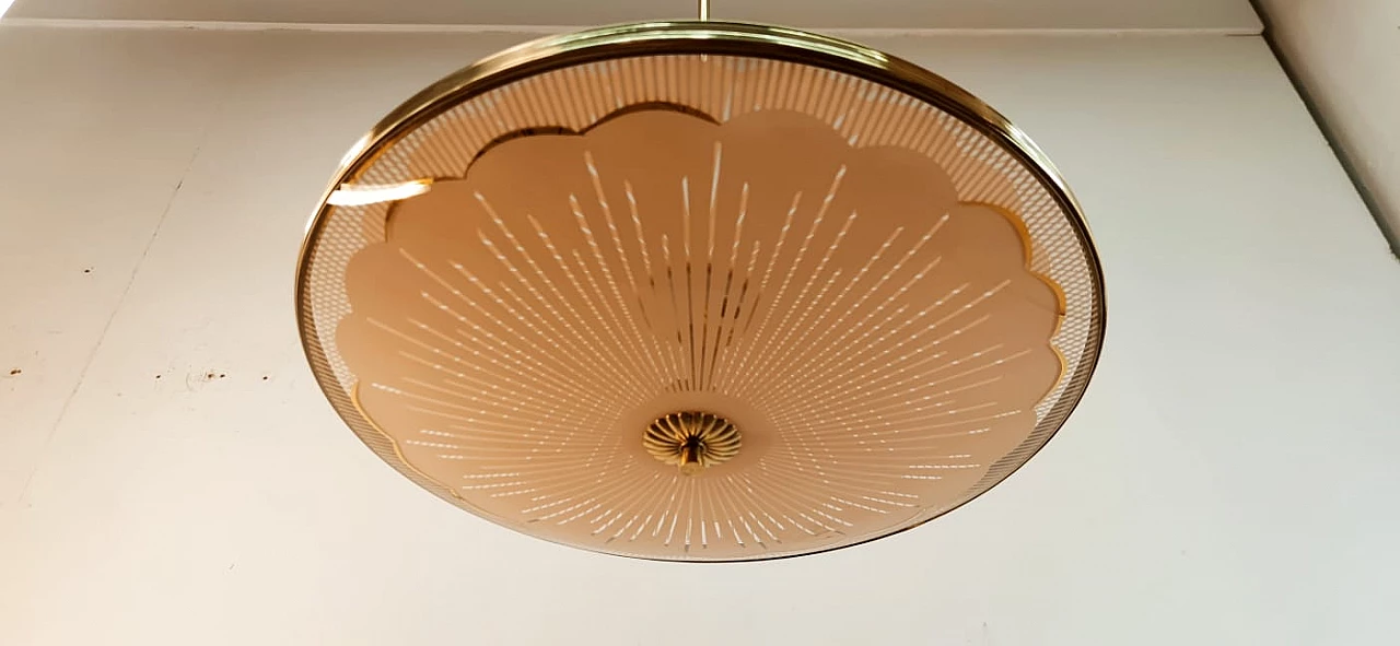Brass chandelier with salmon-pink double glass, 1940s 11