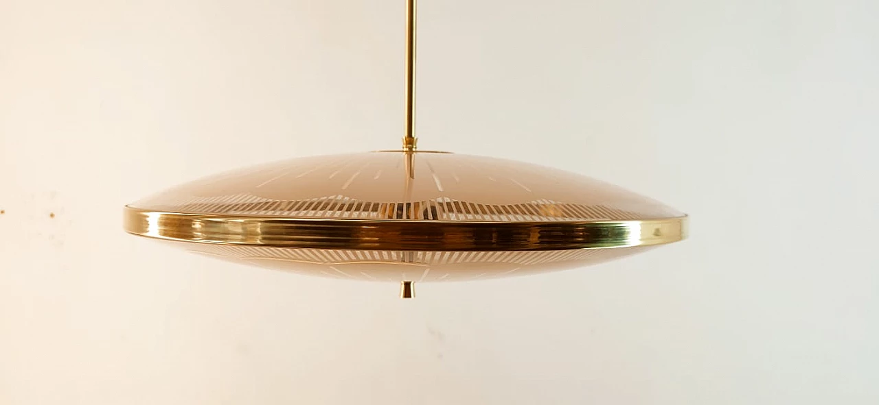 Brass chandelier with salmon-pink double glass, 1940s 12