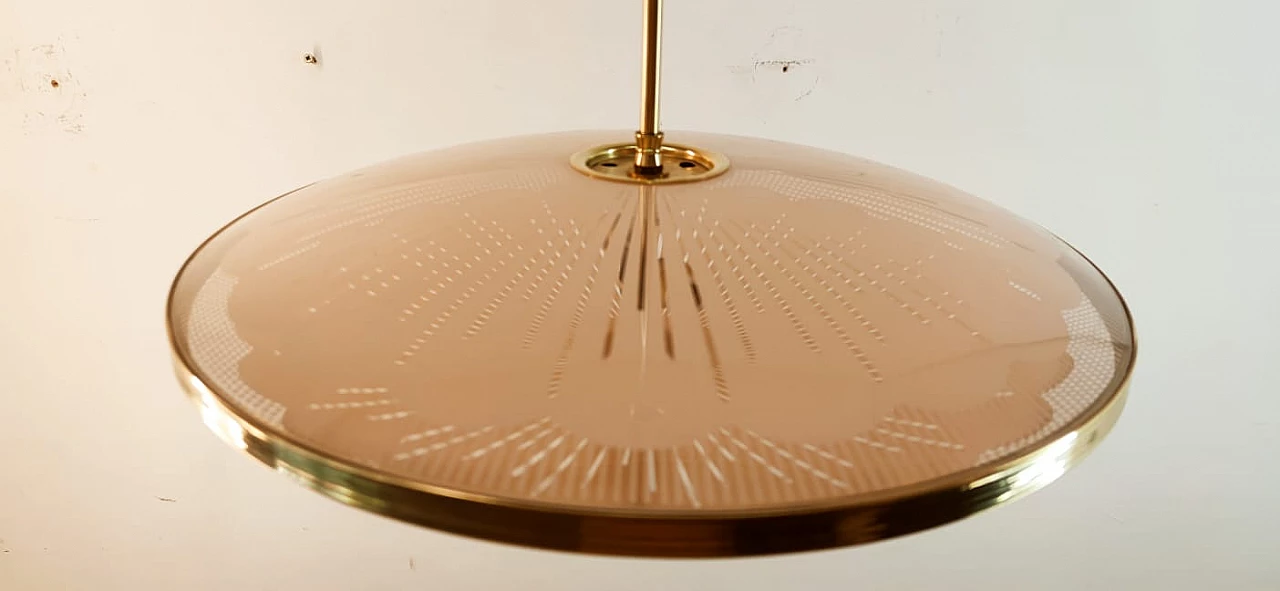 Brass chandelier with salmon-pink double glass, 1940s 13