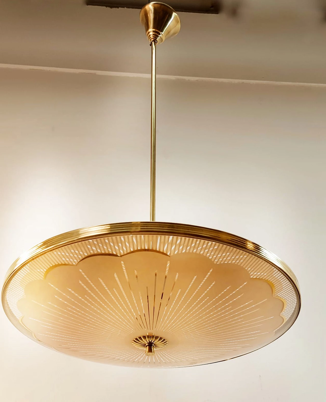 Brass chandelier with salmon-pink double glass, 1940s 14