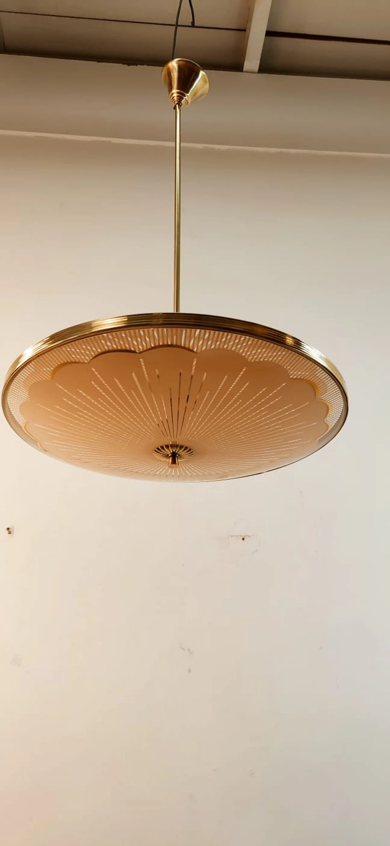 Brass chandelier with salmon-pink double glass, 1940s 15