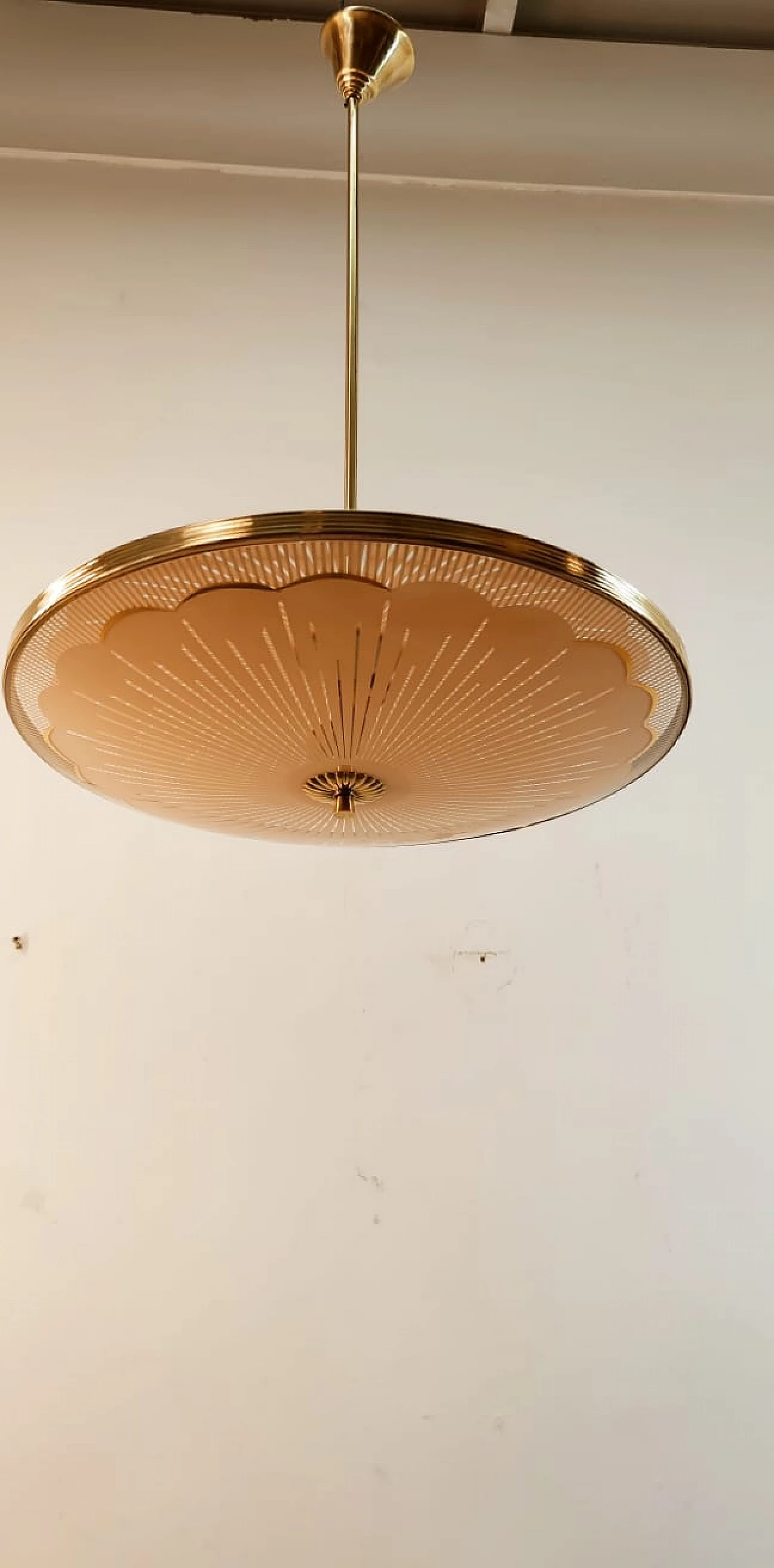 Brass chandelier with salmon-pink double glass, 1940s 16