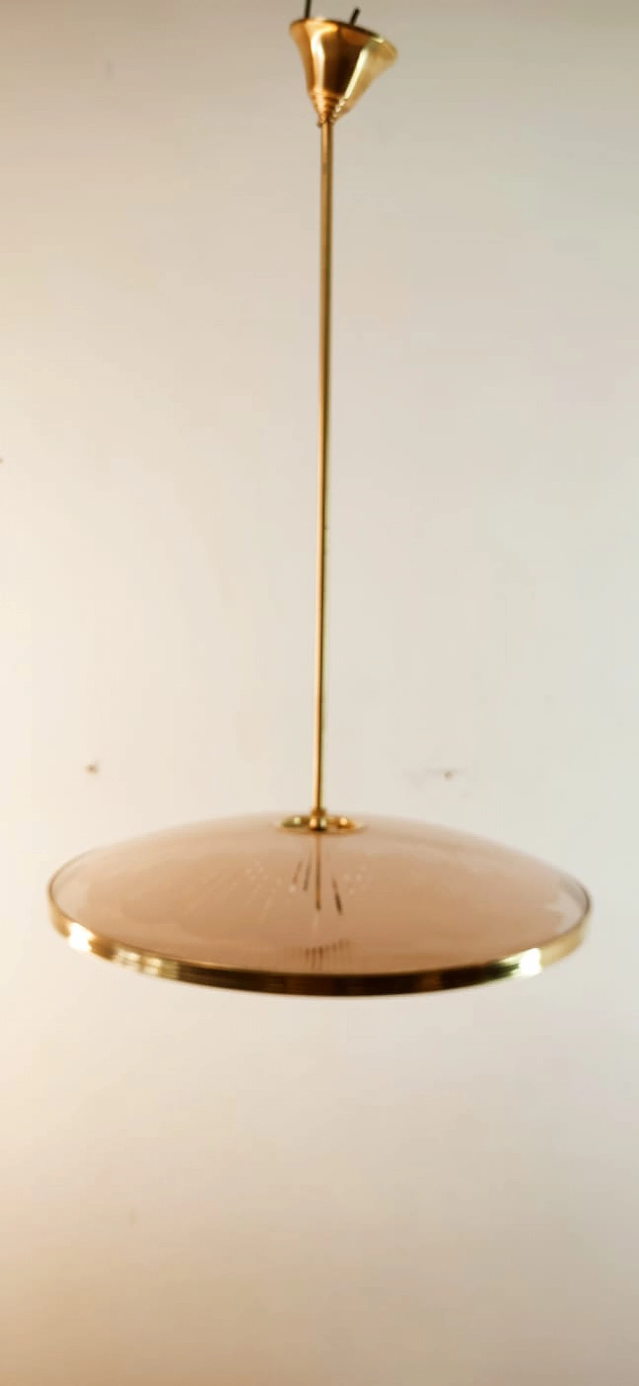 Brass chandelier with salmon-pink double glass, 1940s 19