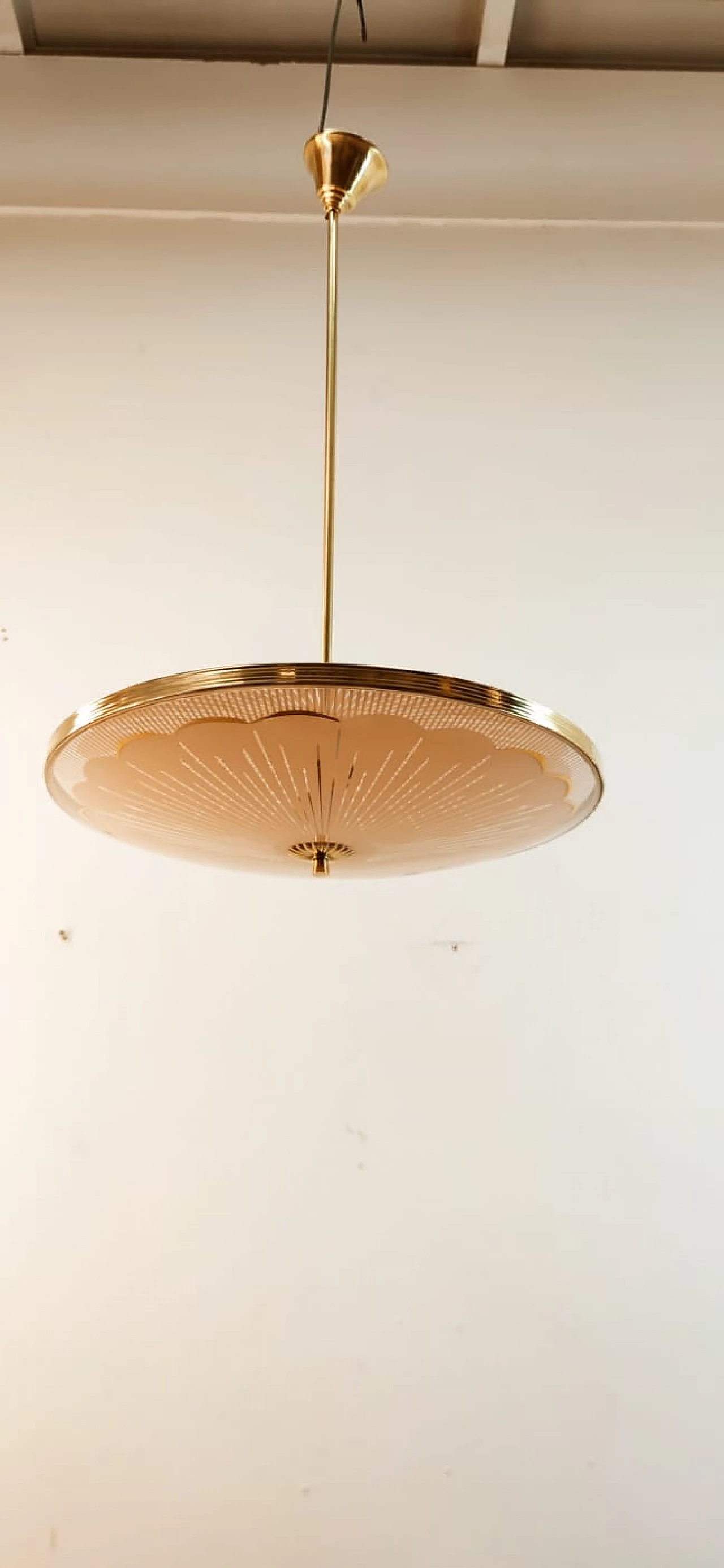 Brass chandelier with salmon-pink double glass, 1940s 20