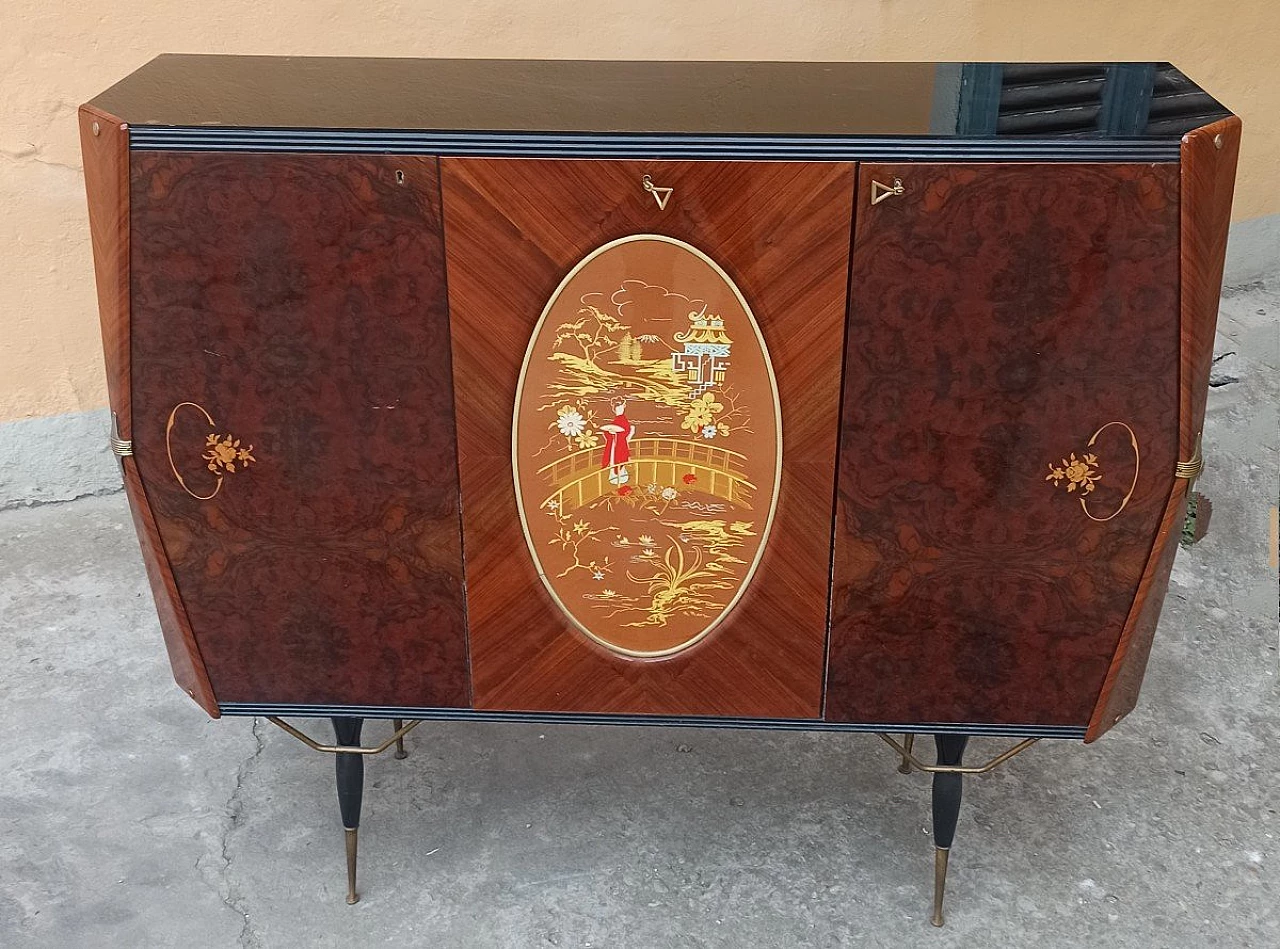 Bar cabinet in rosewood and briarwood with central door painted in chinoiserie in the style of Paolo Buffa, 1950s 4