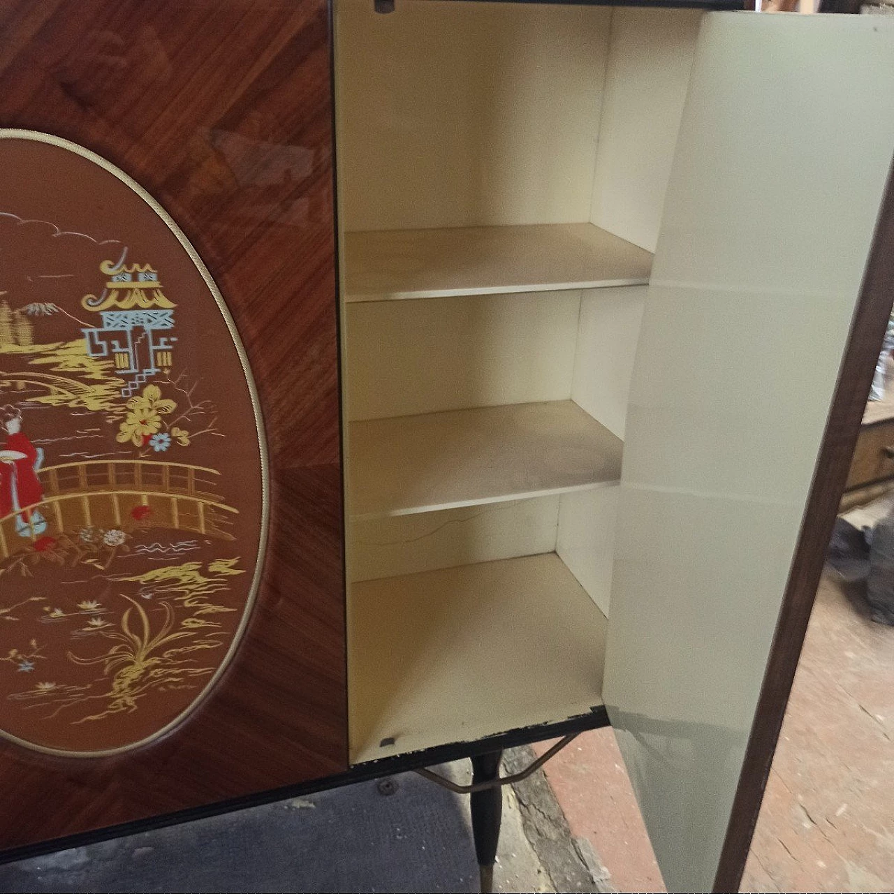 Bar cabinet in rosewood and briarwood with central door painted in chinoiserie in the style of Paolo Buffa, 1950s 9