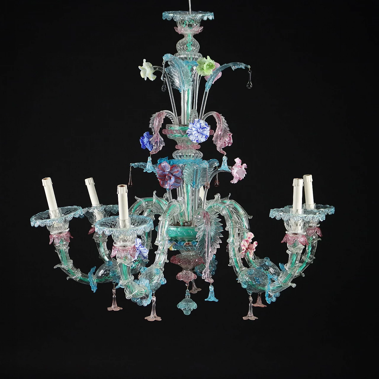 Lampadario a sei luci in vetro di Murano multicolore, inizio '900 1