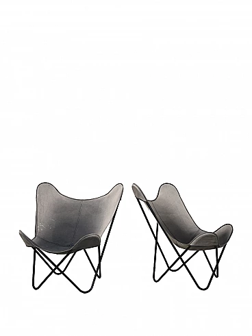Coppia di sedie scandinave in metallo nero e tessuto, anni '70