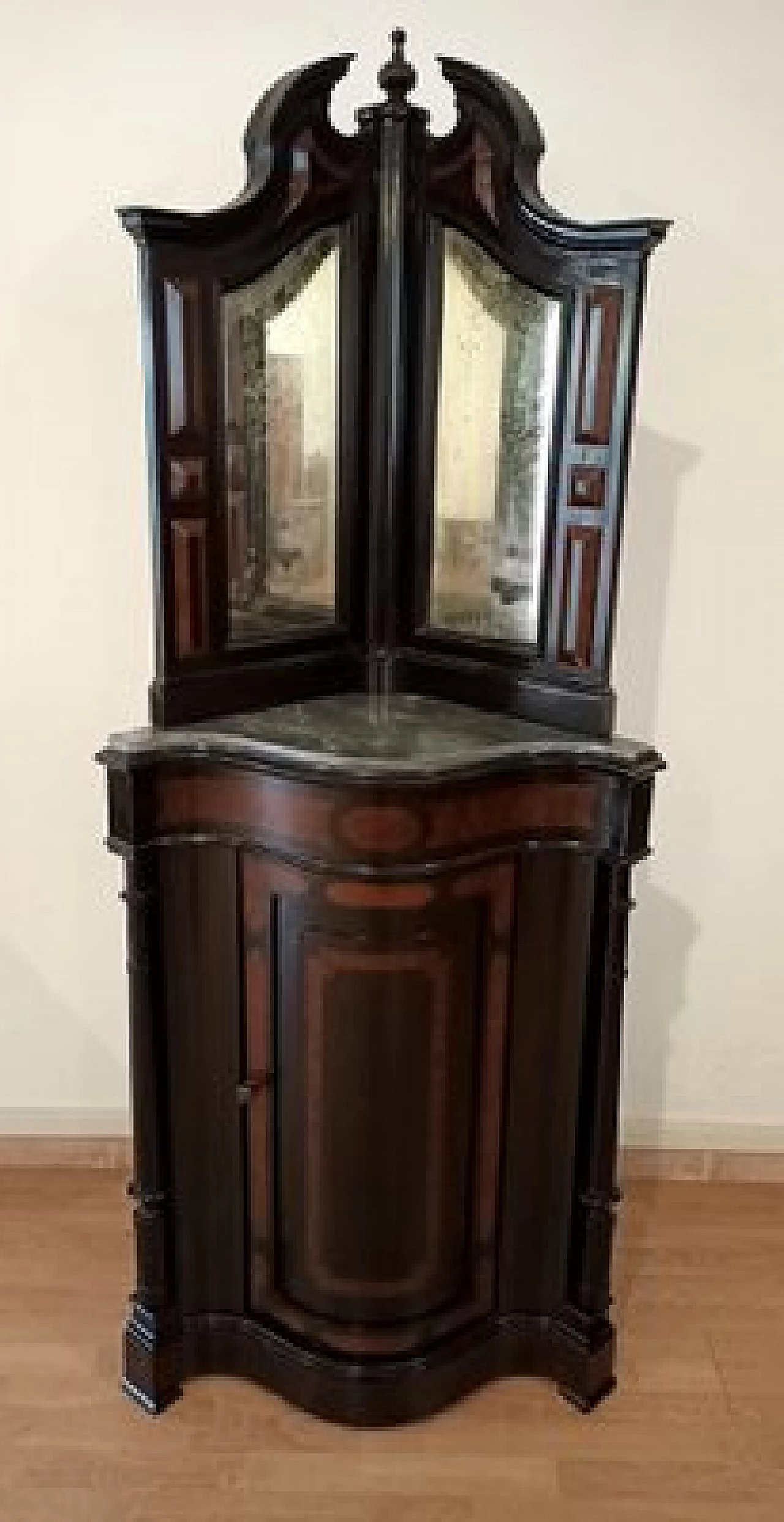 Walnut corner cabinet with mirrors and marble top, second half of the 19th century 1