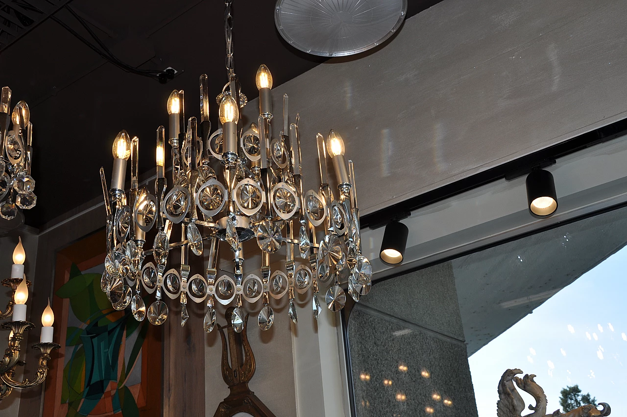 Nine-light steel and crystal chandelier by Gaetano Sciolari, 1970s 1