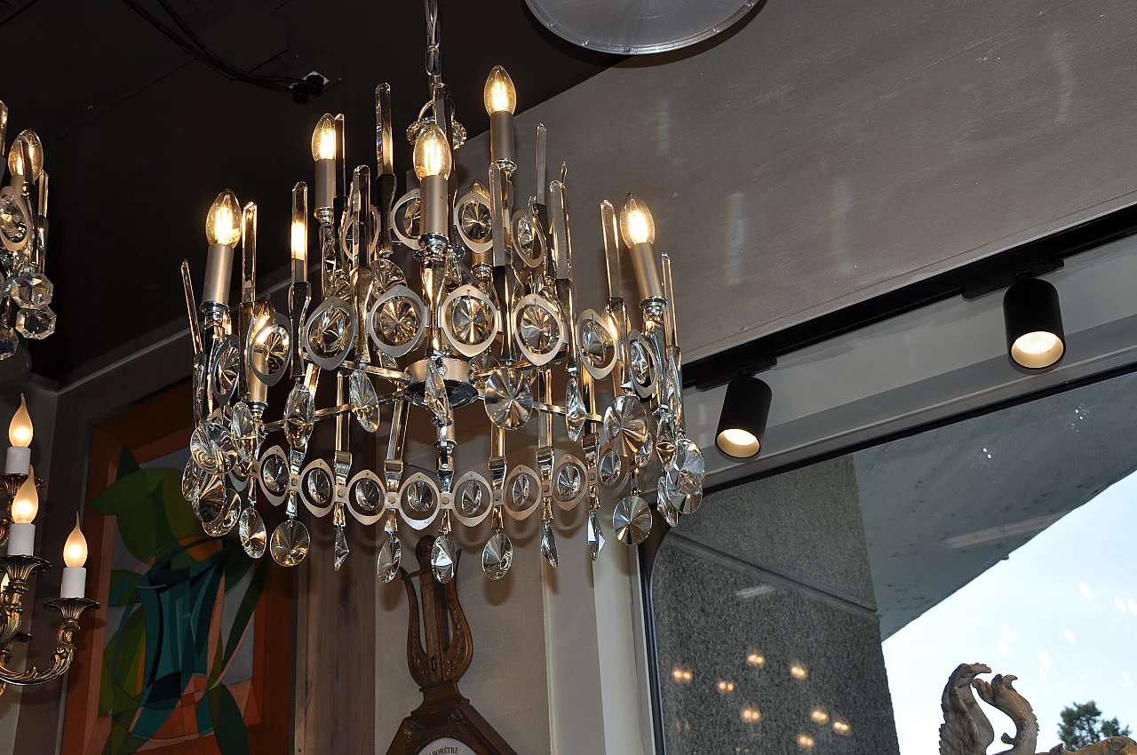 Nine-light steel and crystal chandelier by Gaetano Sciolari, 1970s 2