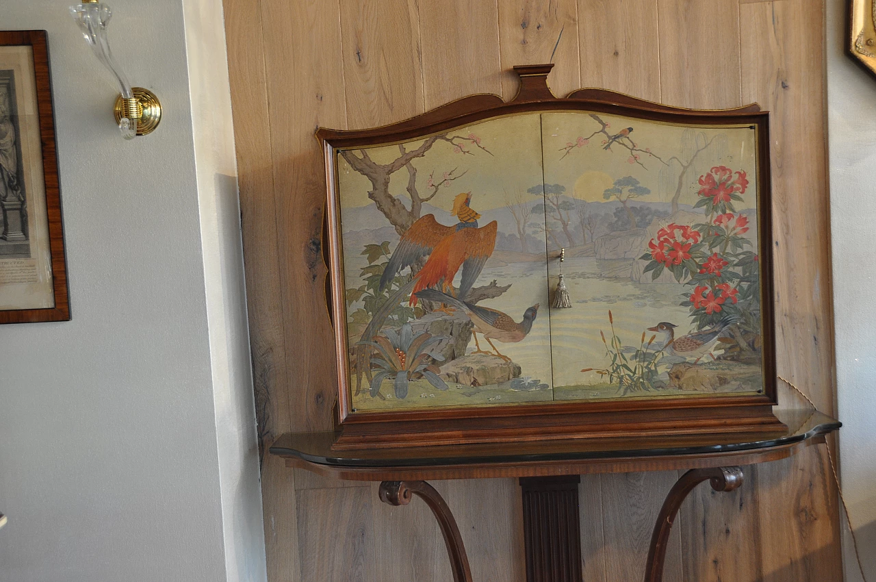 Mobile bar Art Deco in mogano con piano in vetro e mobiletto dipinto, anni '40 3