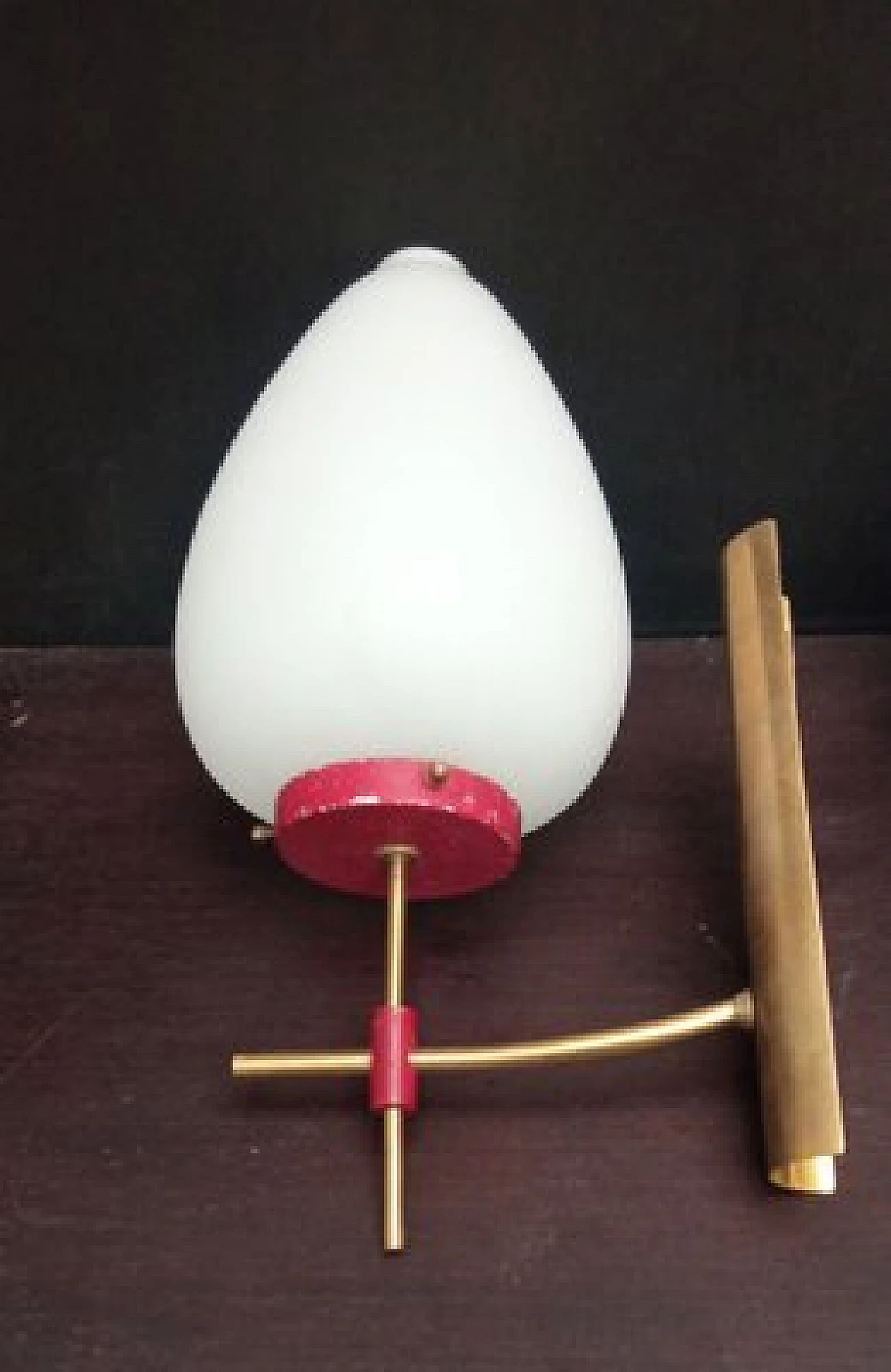 3 Glass, brass and red metal wall lights, 1950s 1
