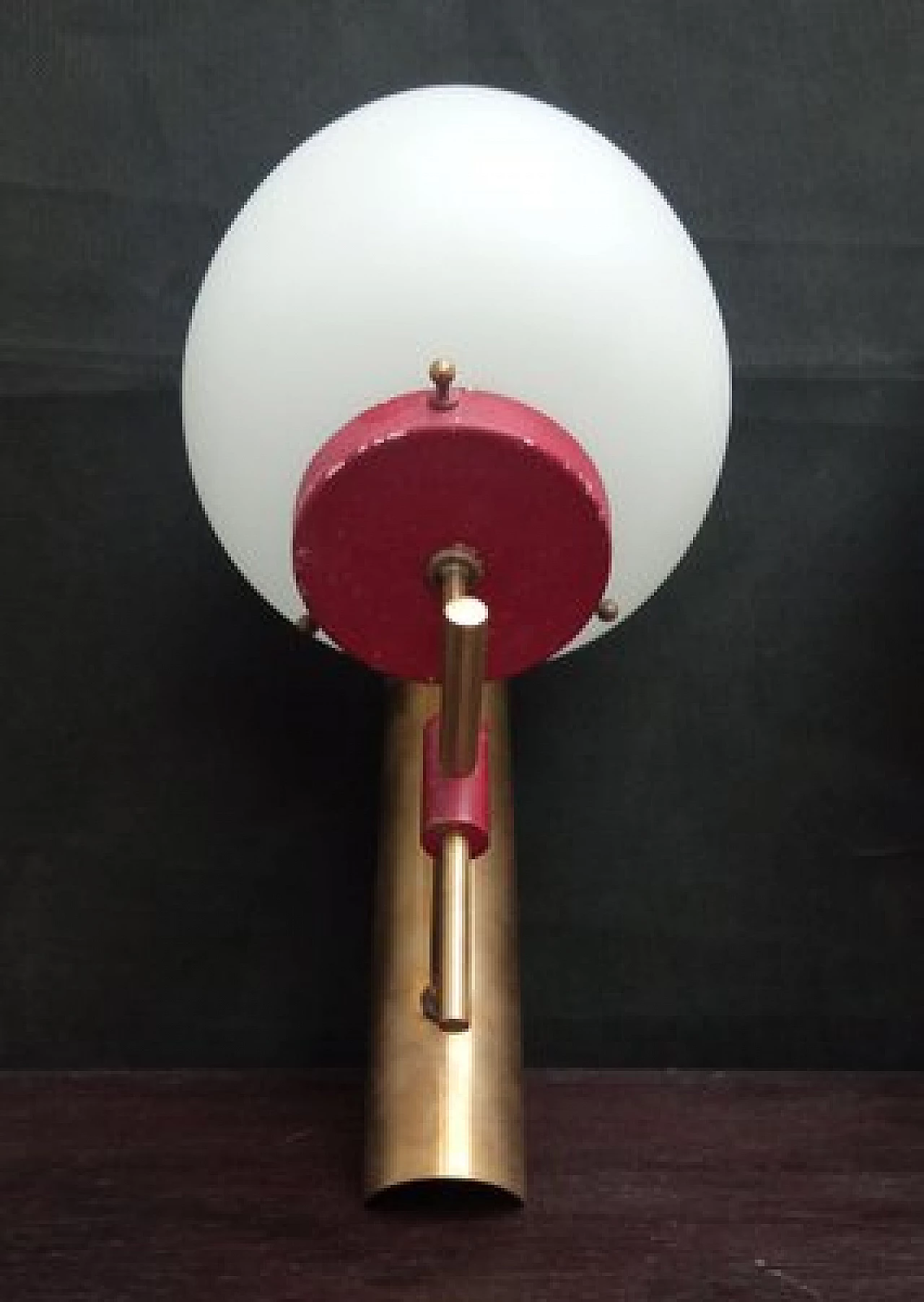 3 Glass, brass and red metal wall lights, 1950s 6