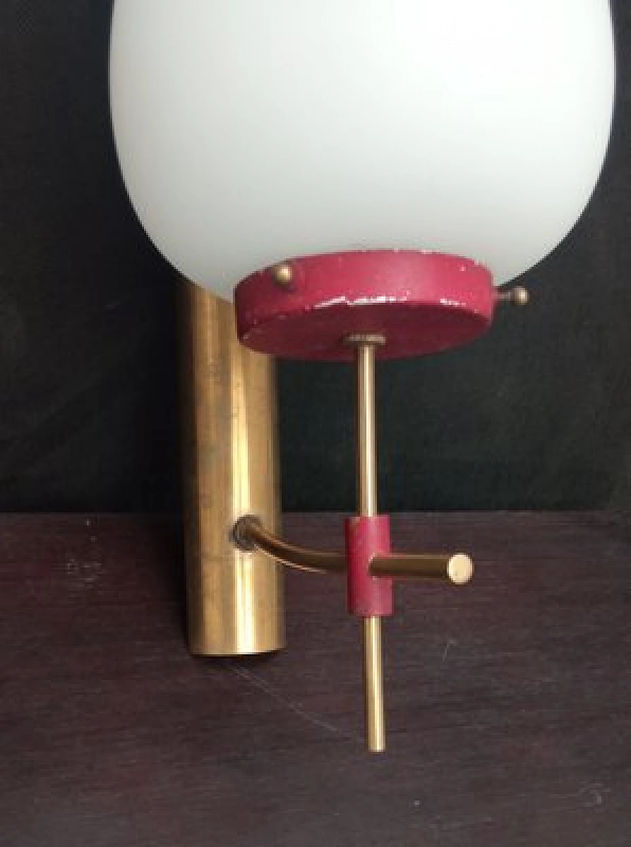 3 Glass, brass and red metal wall lights, 1950s 9