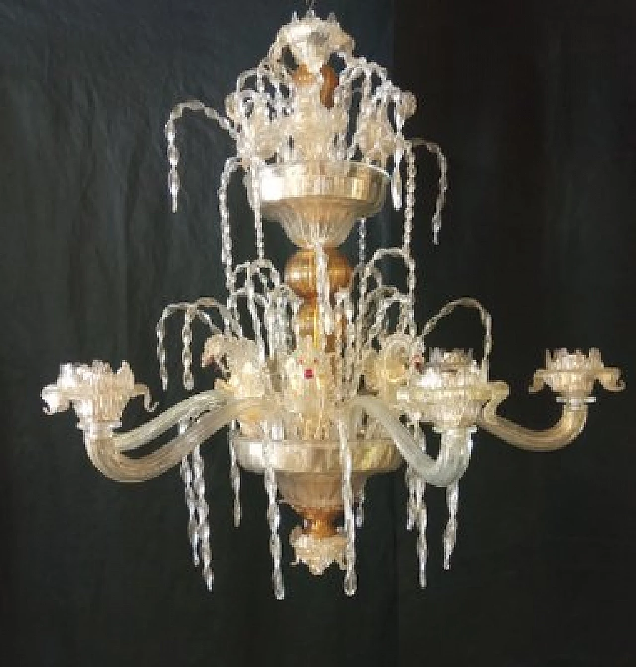 Lampadario a sei luci in vetro di Murano con delfini, cigni e draghi, anni '90 1