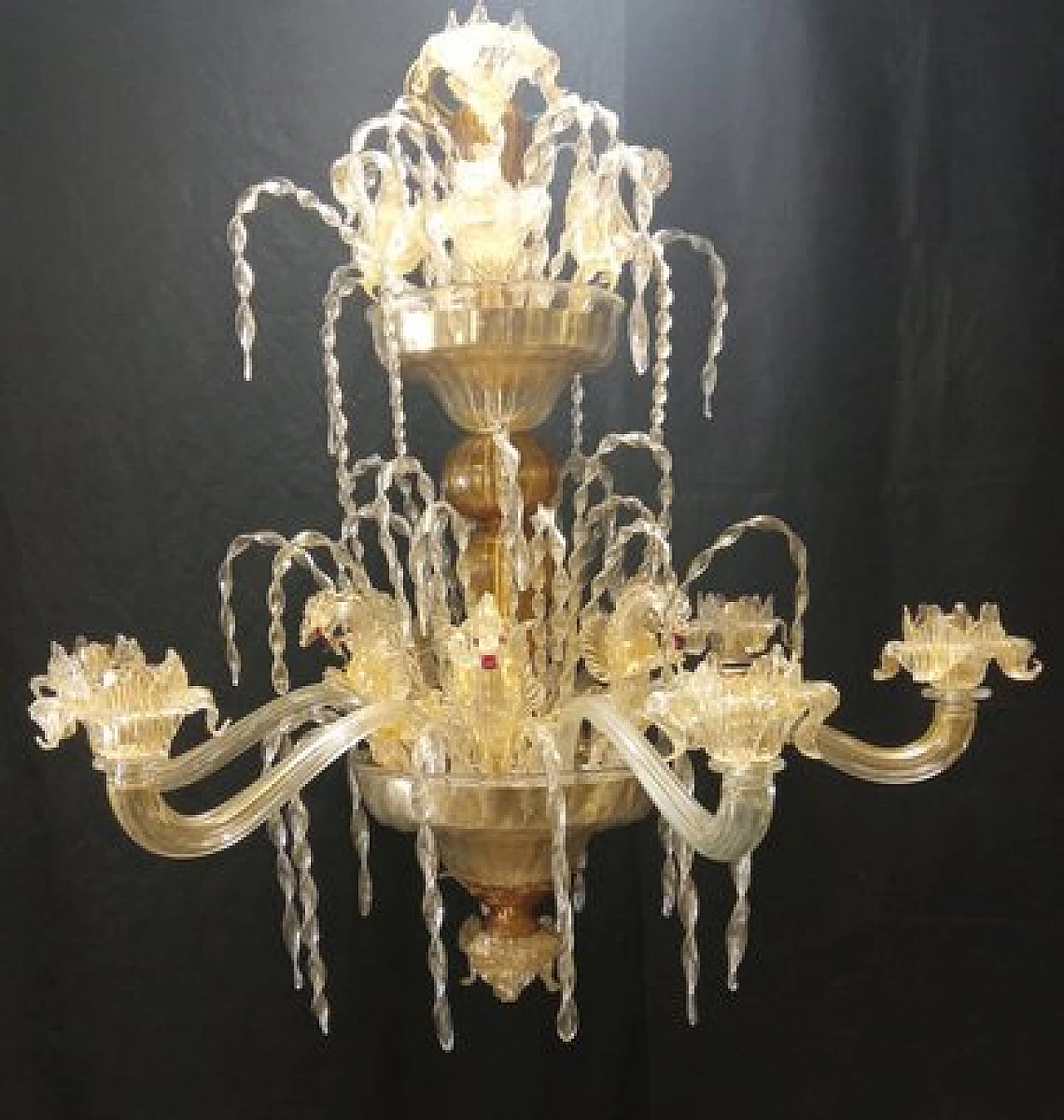 Lampadario a sei luci in vetro di Murano con delfini, cigni e draghi, anni '90 7