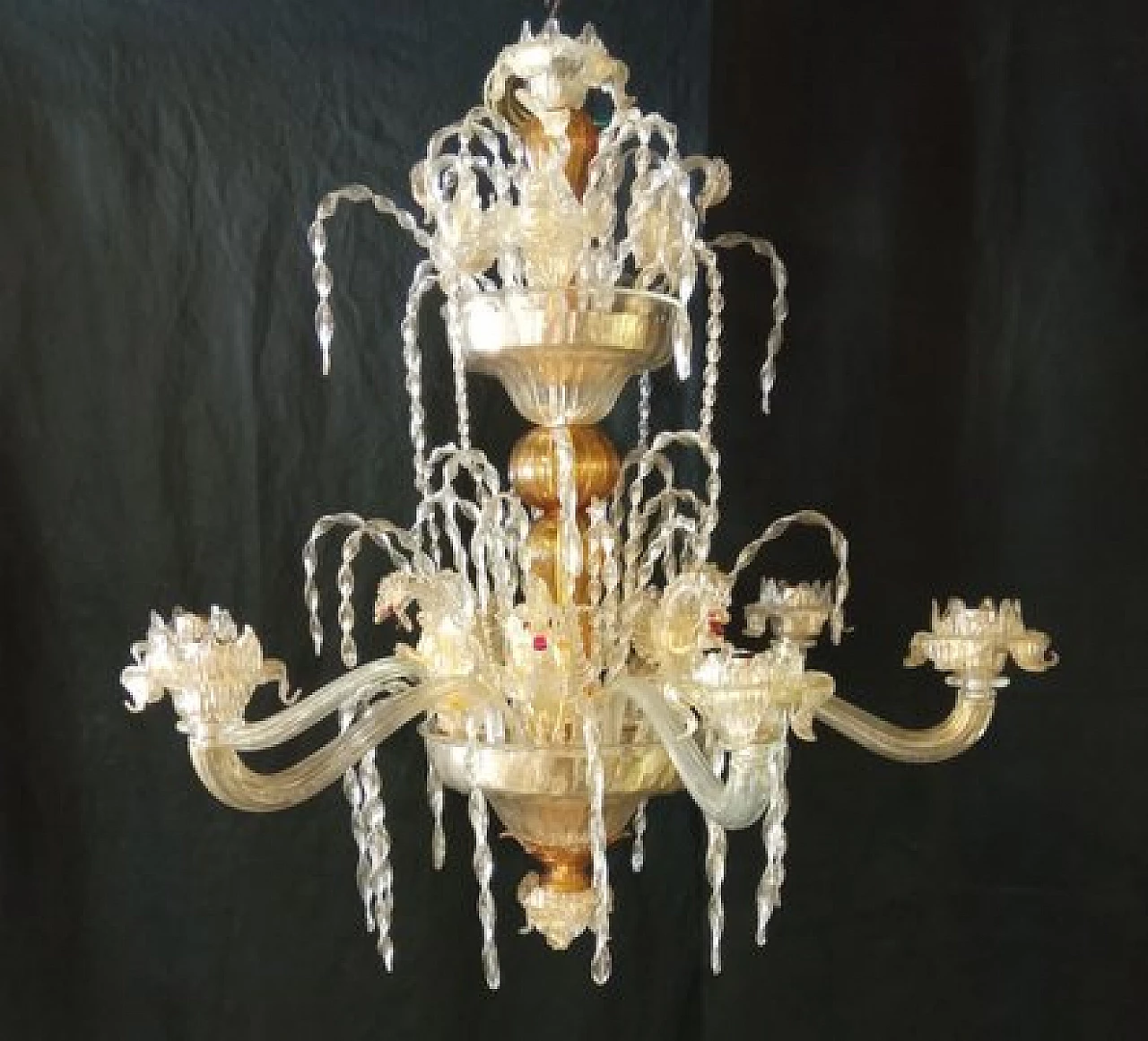 Lampadario a sei luci in vetro di Murano con delfini, cigni e draghi, anni '90 11