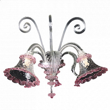 Applique a due luci in vetro di Murano trasparente e rosa