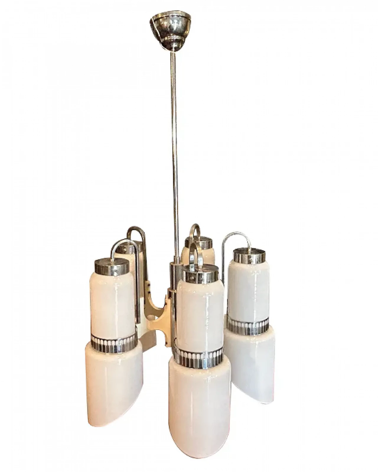 White glass, wood and metal chandelier by Gaetano Sciolari, 1970s 1