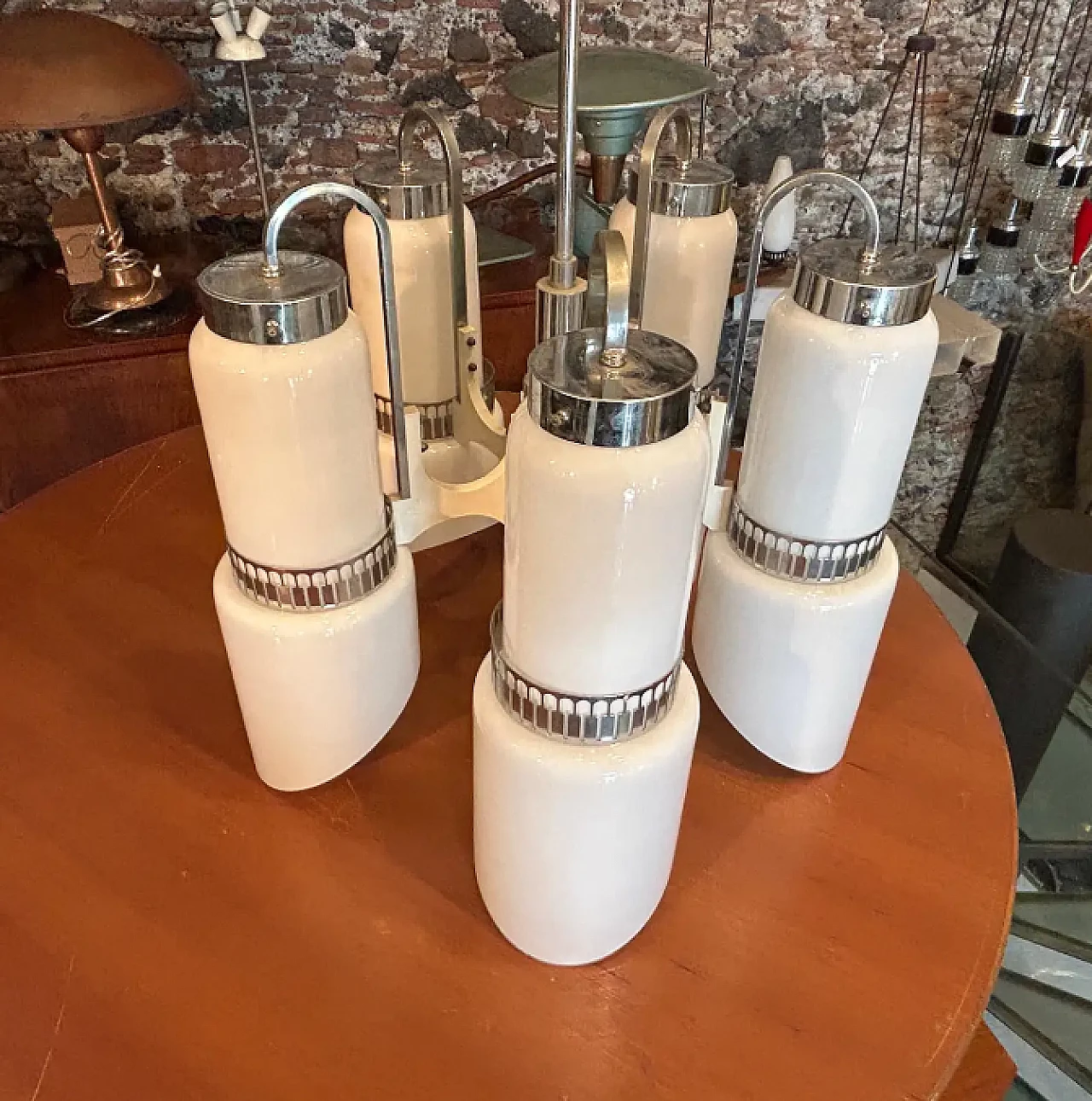 White glass, wood and metal chandelier by Gaetano Sciolari, 1970s 2