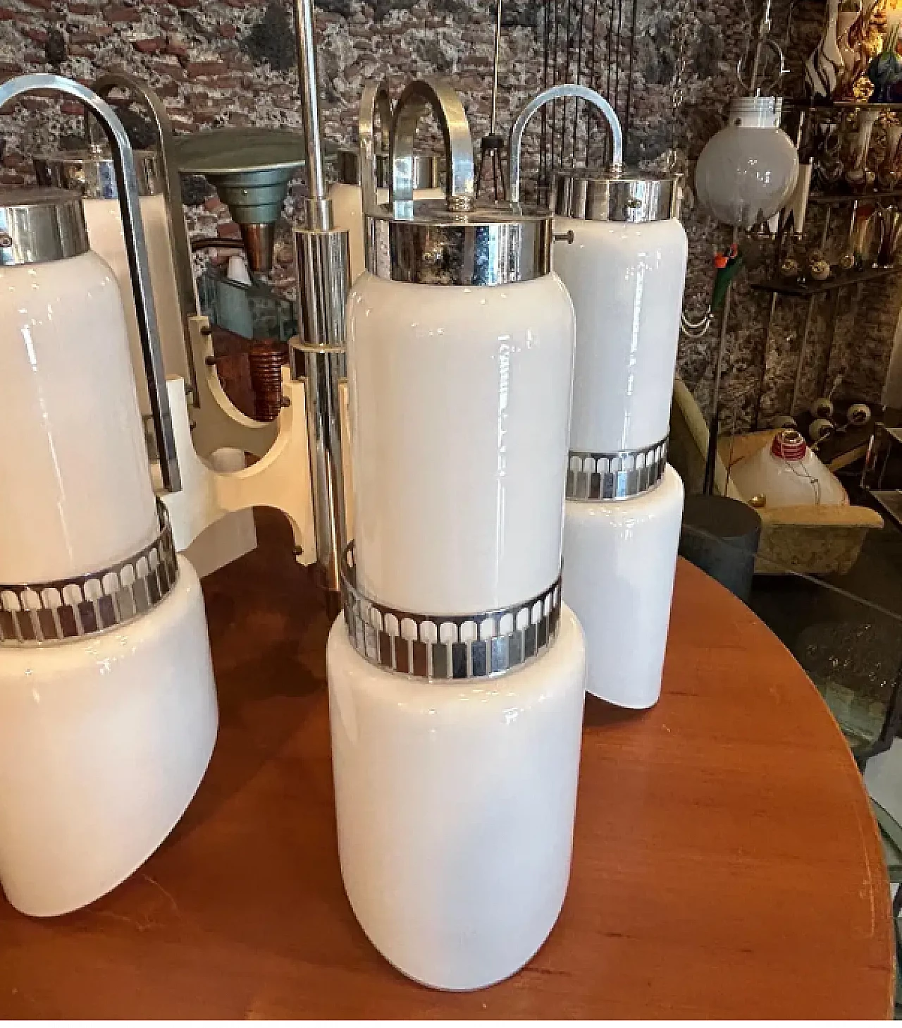 White glass, wood and metal chandelier by Gaetano Sciolari, 1970s 3